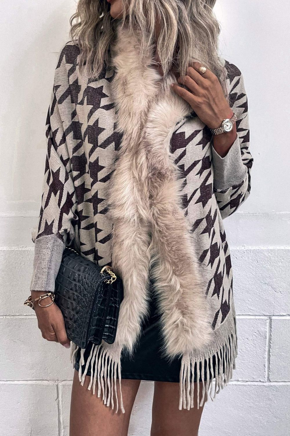 Houndstooth Fringe Hem Poncho - Siennasass