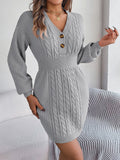 Buttoned Cable-Knit V-Neck Sweater Dress - Siennasass