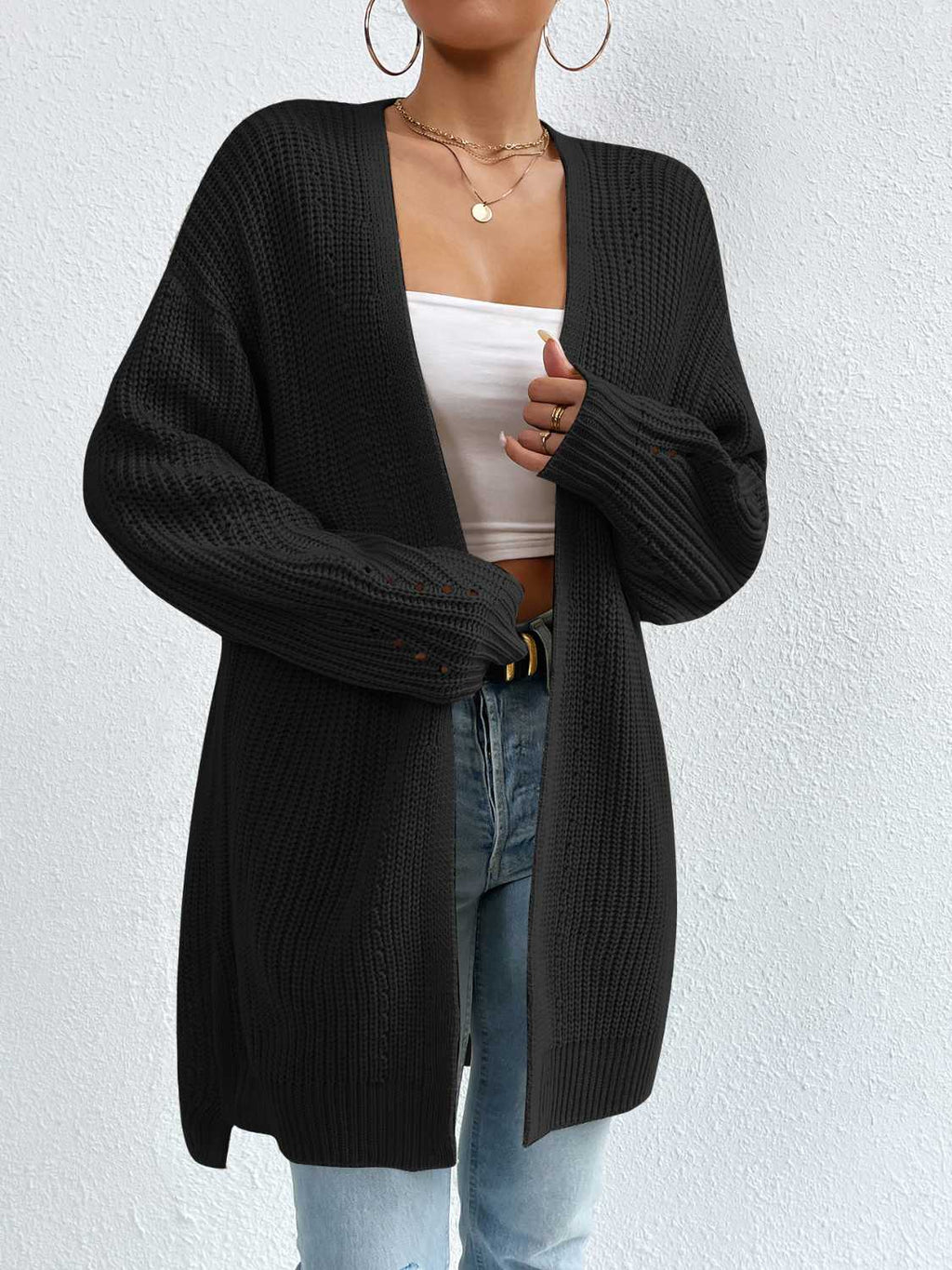 Open Front Dropped Shoulder Slit Cardigan - Siennasass