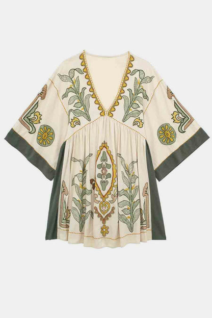 Printed V-Neck Three-Quarter Sleeve Mini Dress - Siennasass