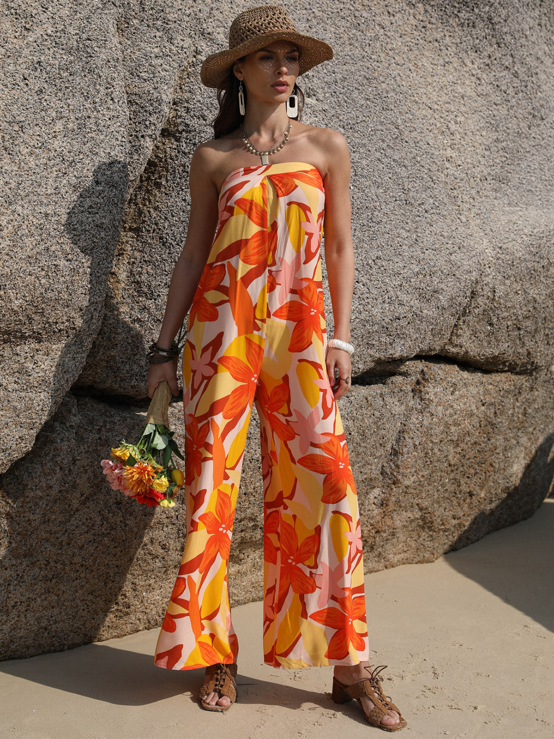 Tied Printed Tube Wide Leg Jumpsuit - Siennasass