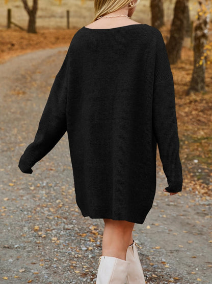 V-Neck Dropped Shoulder Sweater Dress - Siennasass