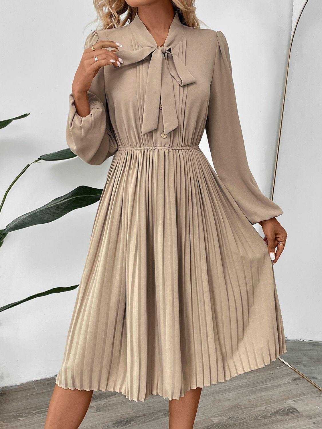Perfee Pleated Tie Neck Long Sleeve Dress - Siennasass
