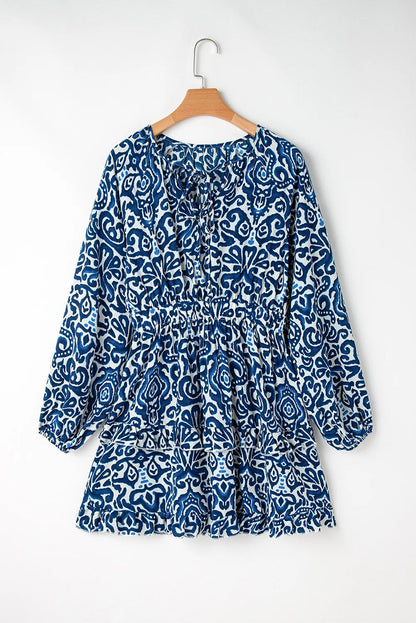 Printed Tie Neck Long Sleeve Dress - Siennasass