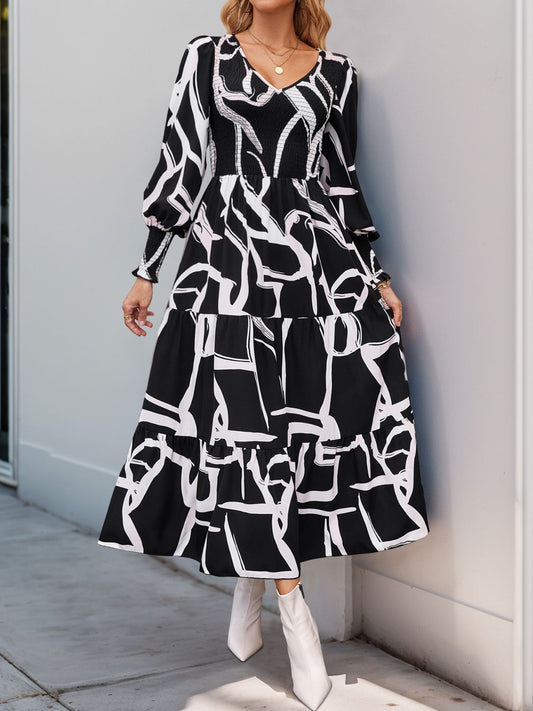 Perfee Smocked Printed Long Sleeve Midi Dress - Siennasass