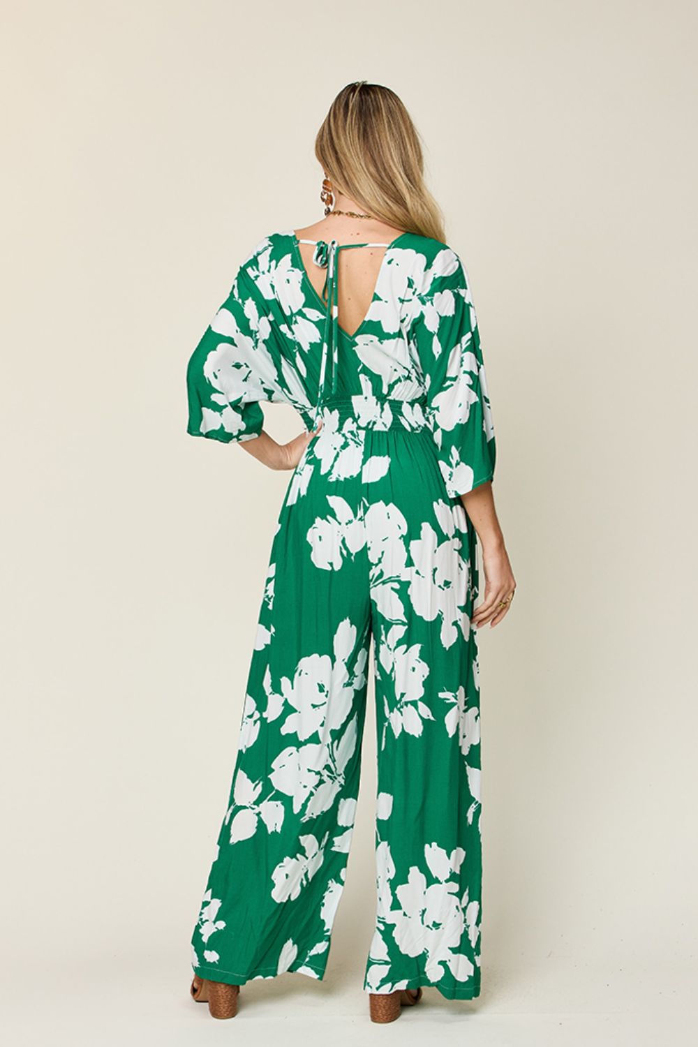 Double Take Full Size Printed Tie Back Wide Leg Jumpsuit - Siennasass