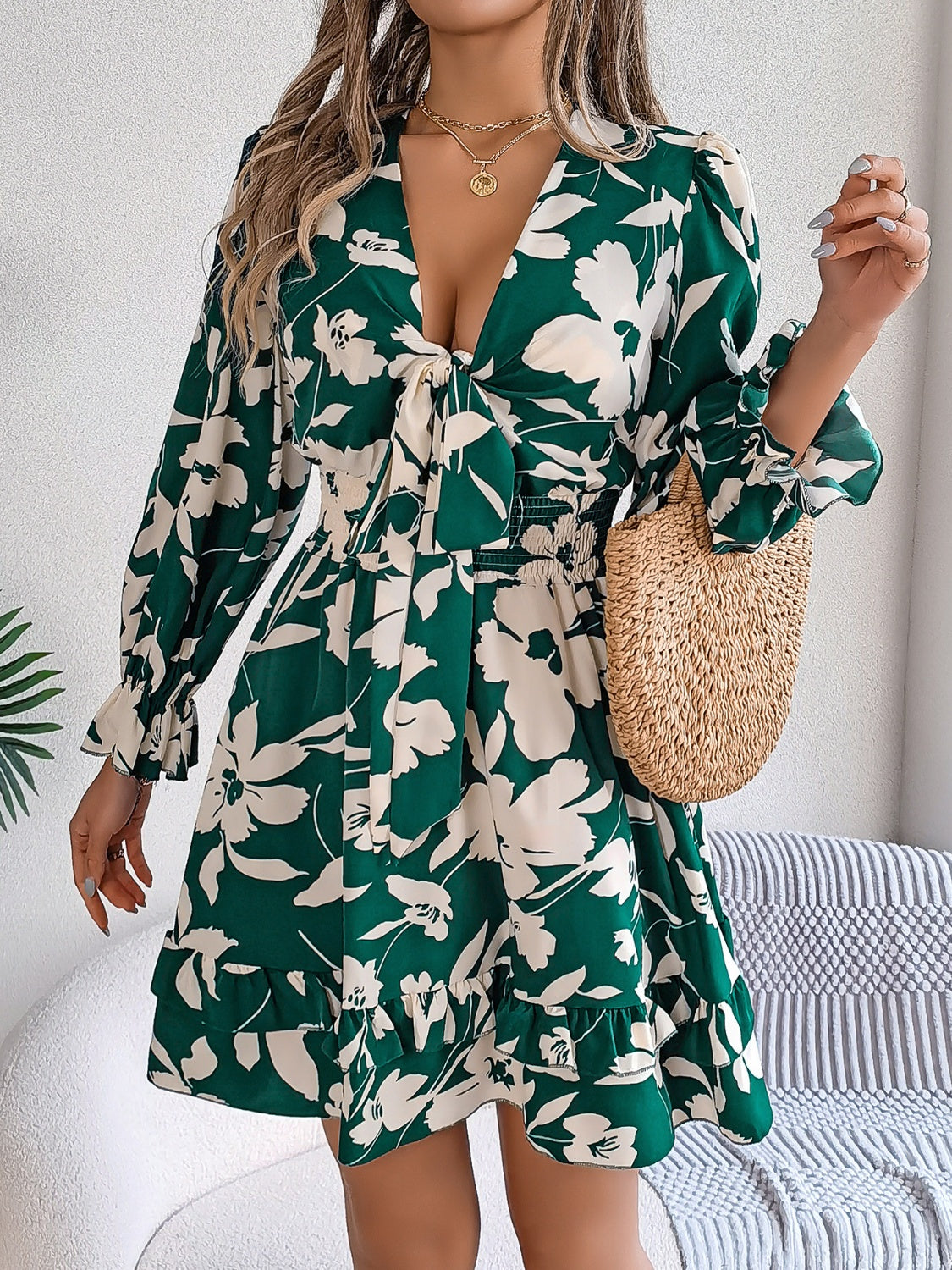 Tied Ruffled Printed Long Sleeve Dress - Siennasass