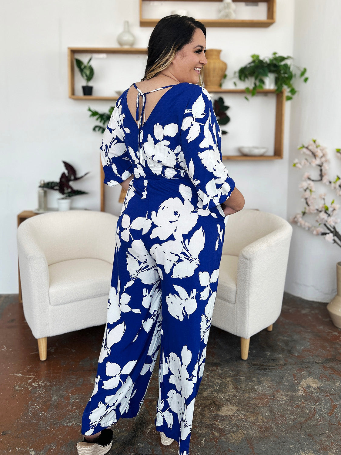 Double Take Full Size Printed Tie Back Wide Leg Jumpsuit - Siennasass