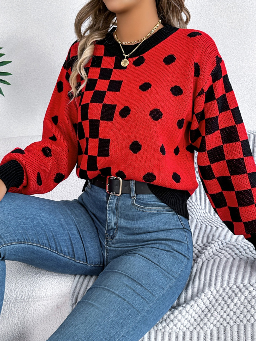 Plaid Round Neck Long Sleeve Sweater - Siennasass