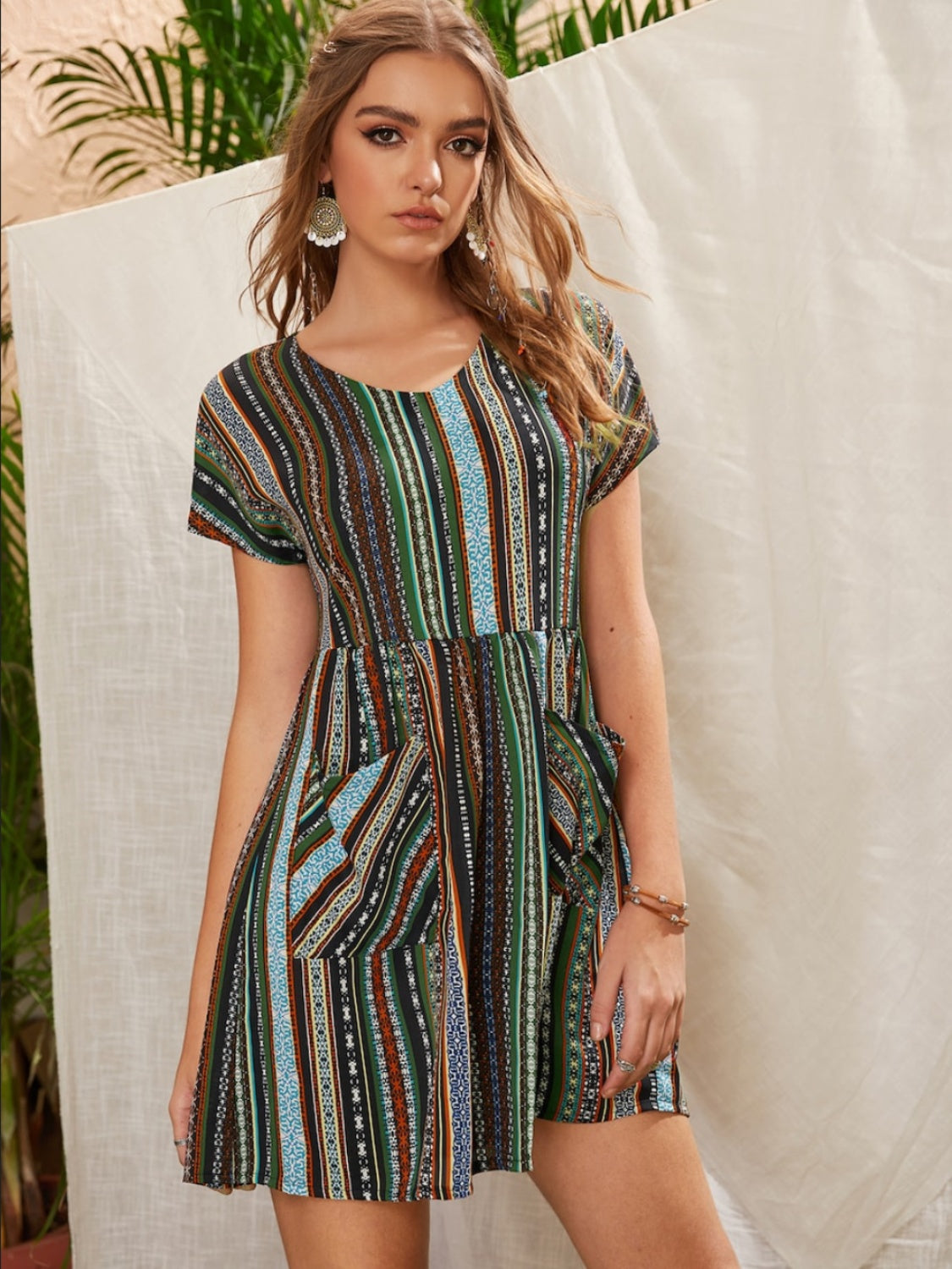 Pocketed Striped Short Sleeve Dress - Siennasass
