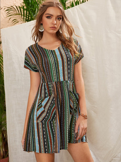 Pocketed Striped Short Sleeve Dress - Siennasass