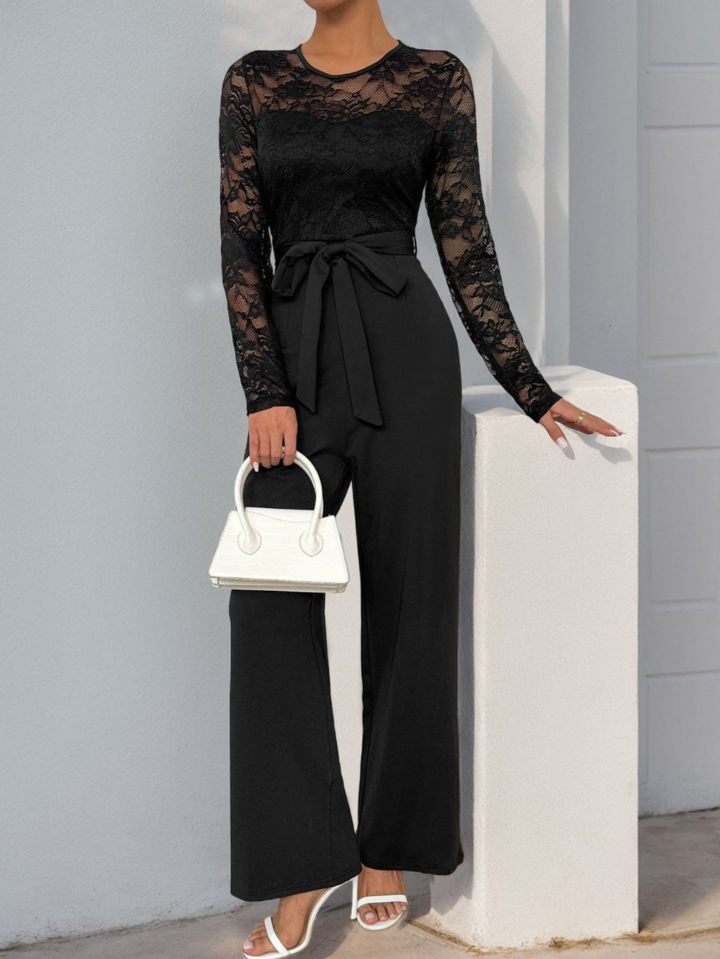 Perfee Lace Round Neck Long Sleeve Jumpsuit - Siennasass