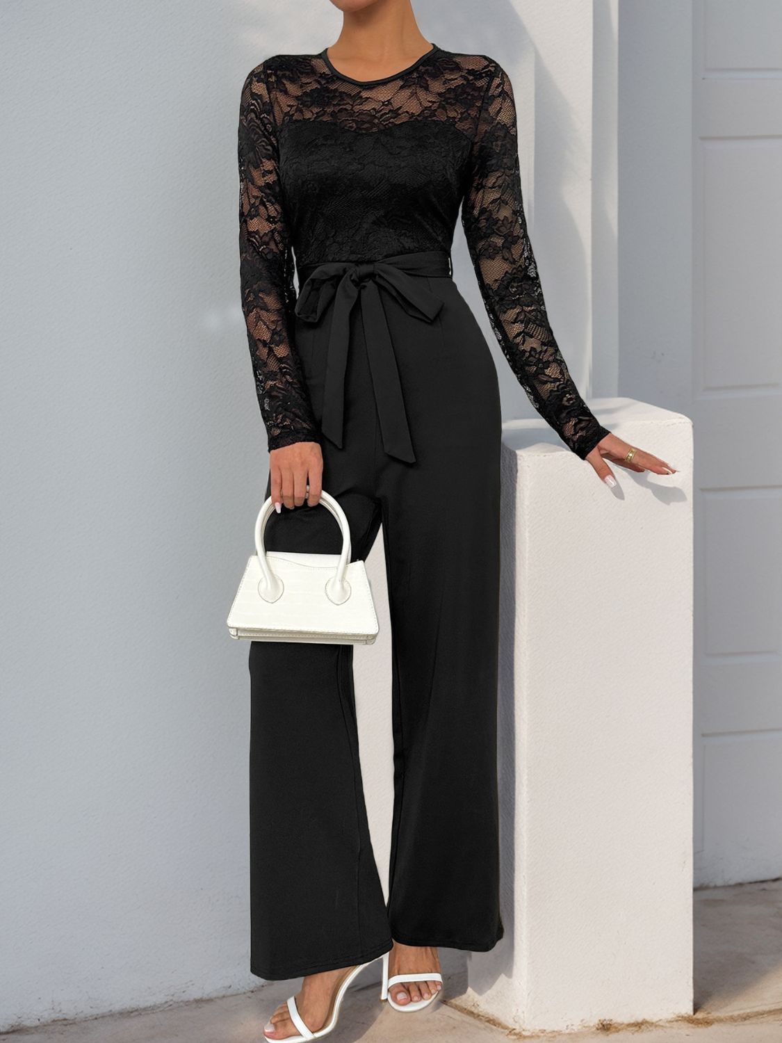 Perfee Lace Round Neck Long Sleeve Jumpsuit - Siennasass