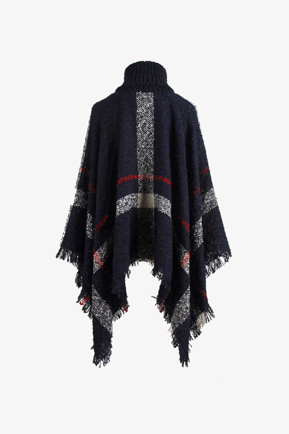 Plaid Turtleneck Raw Hem Poncho - Siennasass