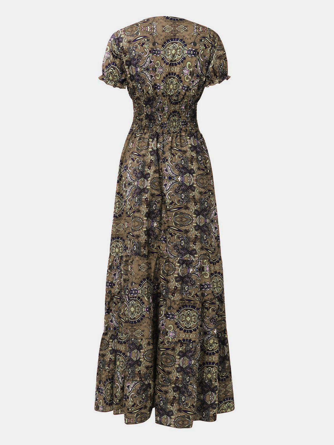 Full Size Smocked Printed V-Neck Short Sleeve Dress - Siennasass