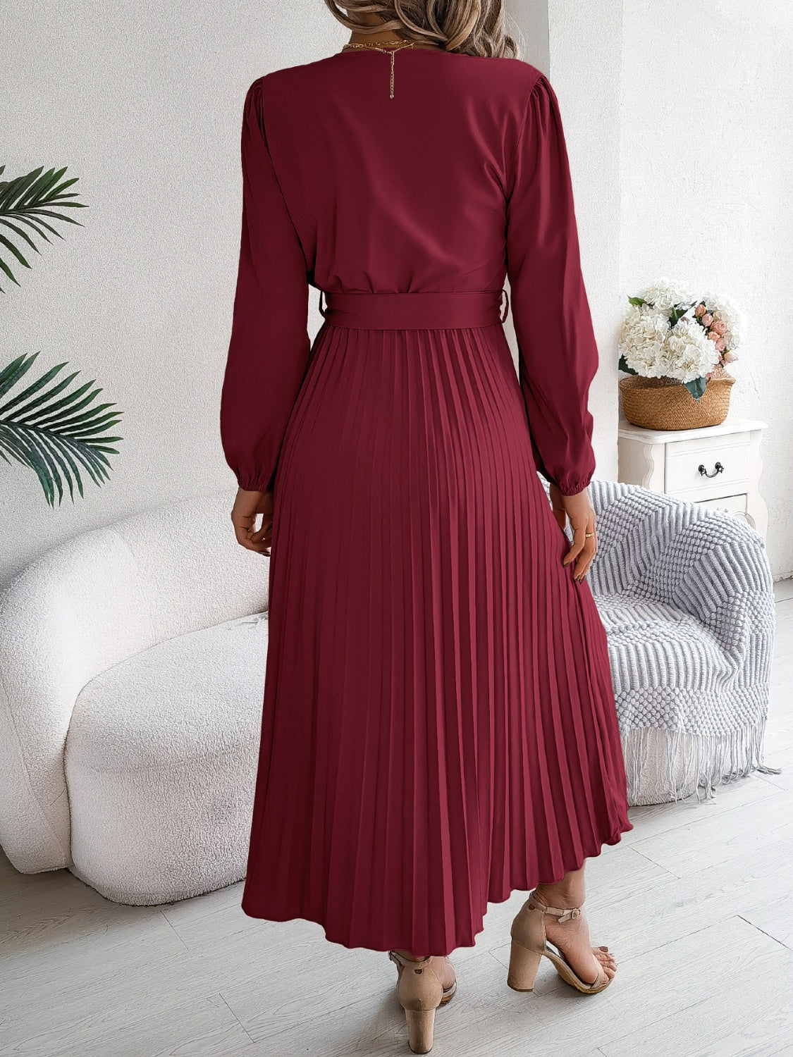 Pleated Tied V-Neck Long Sleeve Dress - Siennasass