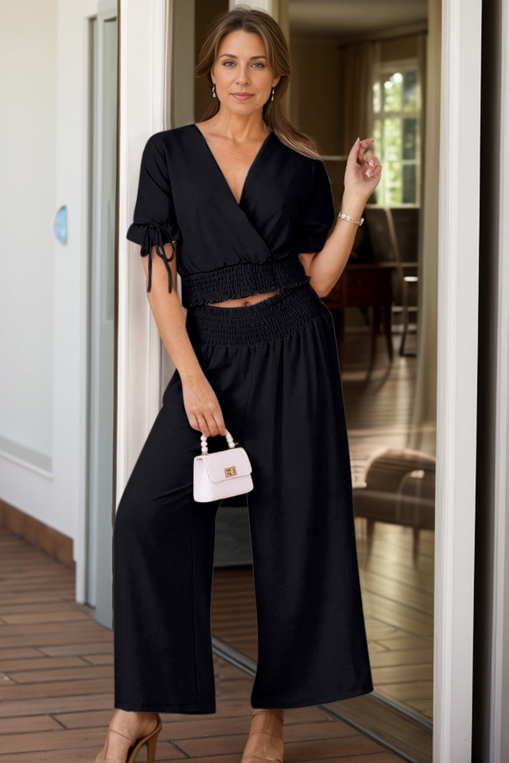 Surplice Short Sleeve Top and Pants Set - Siennasass