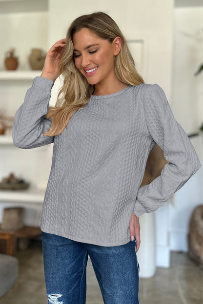 Textured Round Neck Long Sleeve Sweatshirt - Siennasass