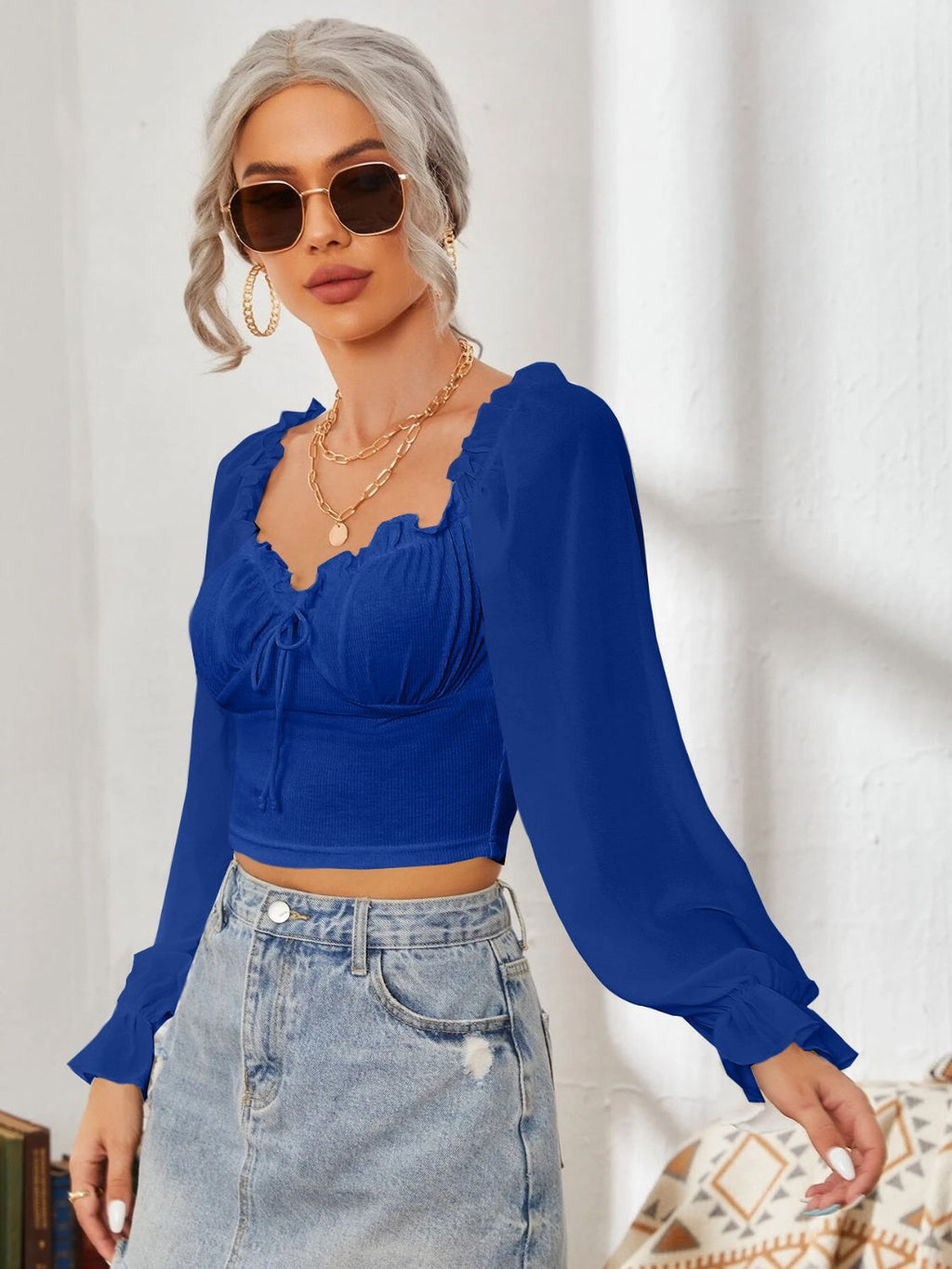 Mesh Sweetheart Neck Flounce Sleeve Top - Siennasass