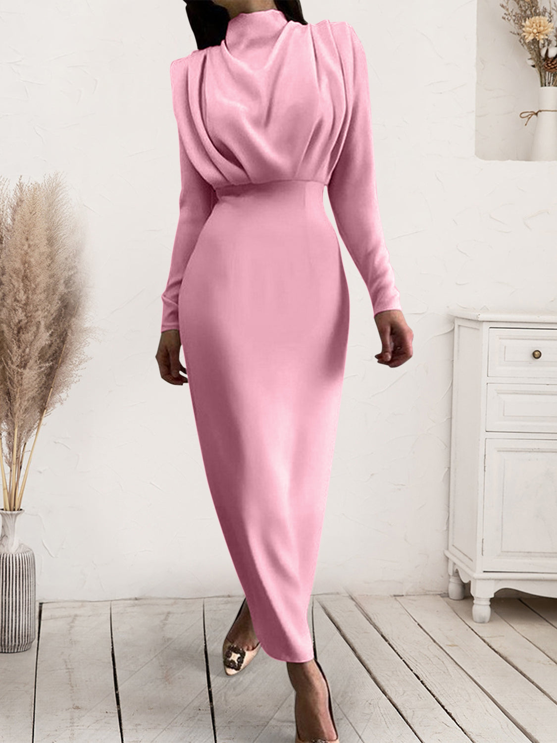 Ruched Turtleneck Long Sleeve Dress - Siennasass
