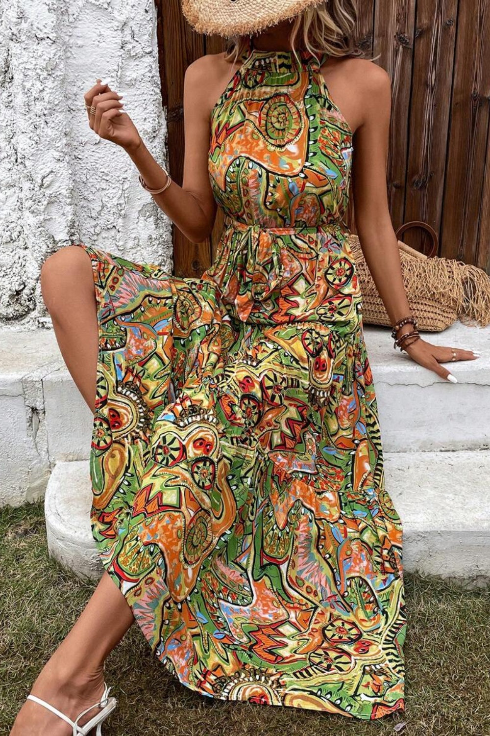 Tied Slit Floral Sleeveless Dress - Siennasass