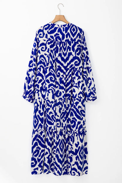 Tiered Printed Notched Long Sleeve Midi Dress - Siennasass
