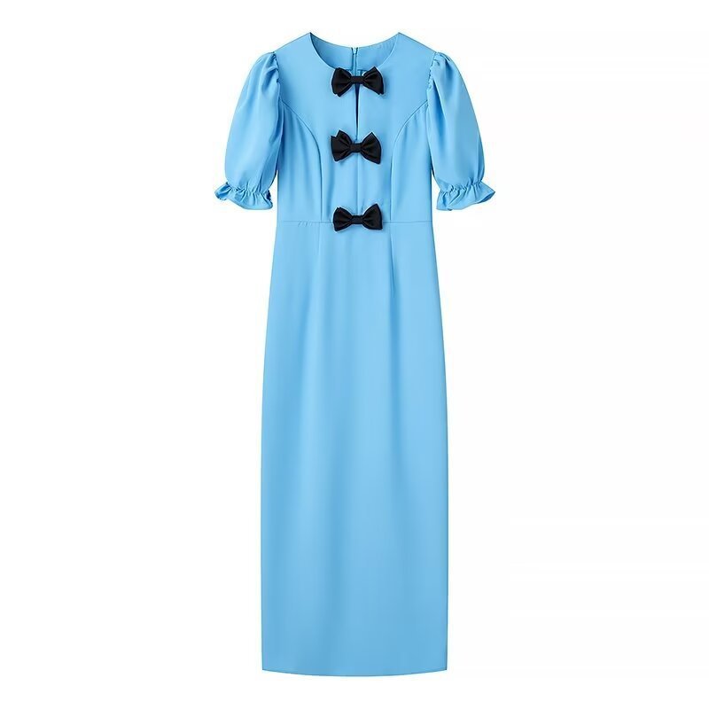 Solid Color Puff Sleeve Bow Dress