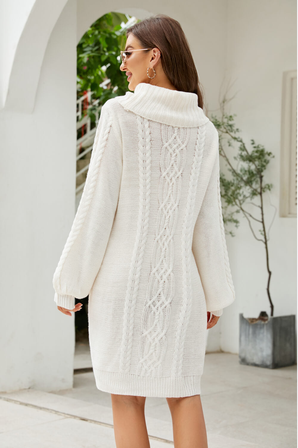 Woven Right Mixed Knit Turtleneck Lantern Sleeve Sweater Dress - Siennasass