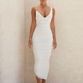 White Mesh Slim Irregular Long Skirt OL Pleated Sleeveless Dress
