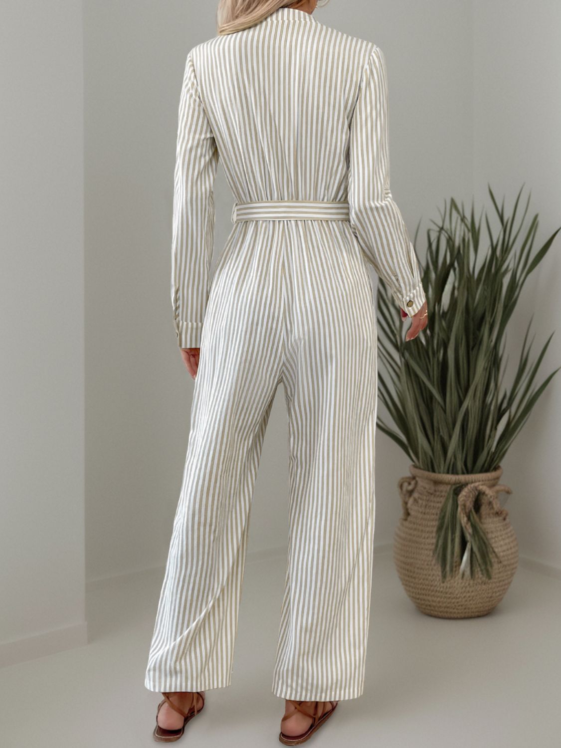 Striped Notched Long Sleeve Tie Waist Jumpsuit - Siennasass