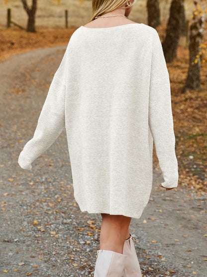 V-Neck Dropped Shoulder Sweater Dress - Siennasass