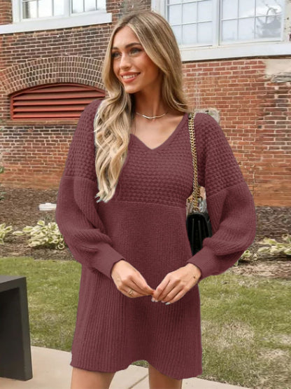 Perfee V-Neck Long Sleeve Sweater Dress - Siennasass