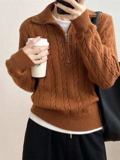 Cable-Knit Half Zip Long Sleeve Sweater - Siennasass