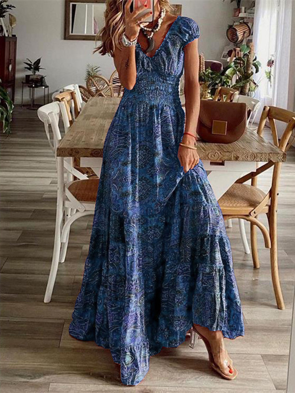 Full Size Smocked Printed V-Neck Short Sleeve Dress - Siennasass