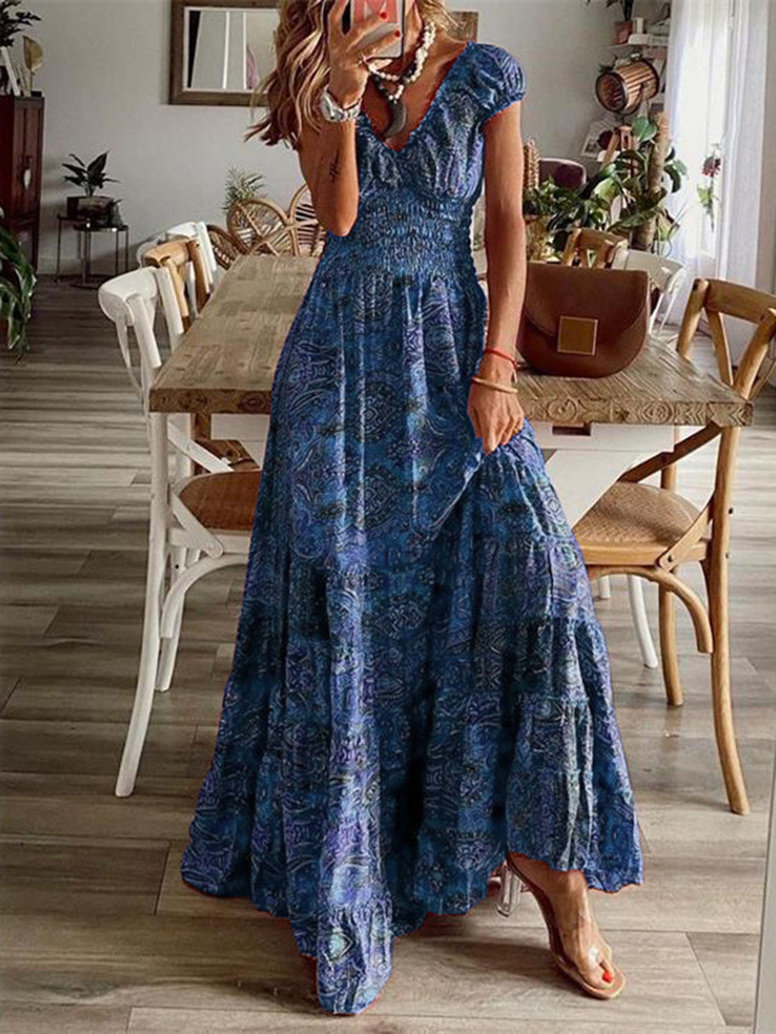 Full Size Smocked Printed V-Neck Short Sleeve Dress - Siennasass