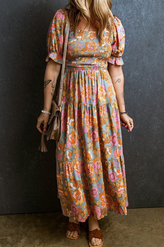 Smocked Printed Short Sleeve Dress - Siennasass