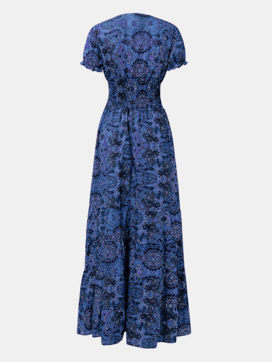 Full Size Smocked Printed V-Neck Short Sleeve Dress - Siennasass