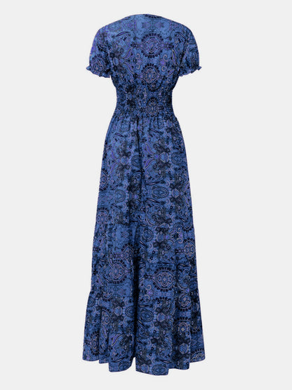 Full Size Smocked Printed V-Neck Short Sleeve Dress - Siennasass