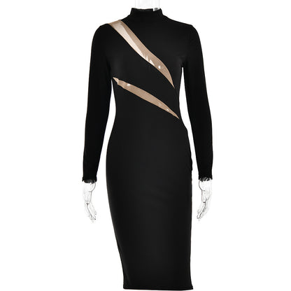 Round Neck Long Sleeve Stitching Dress Women - Siennasass
