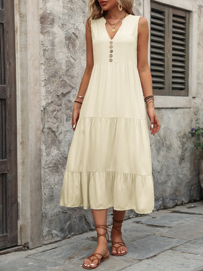 Decorative Button Notched Sleeveless Dress - Siennasass