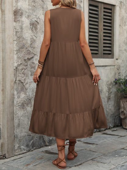 Decorative Button Notched Sleeveless Dress - Siennasass