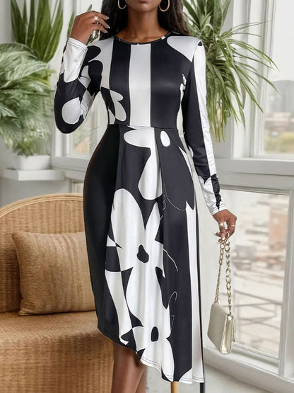 Asymmetrical Slit Round Neck Long Sleeve Midi Dress - Siennasass