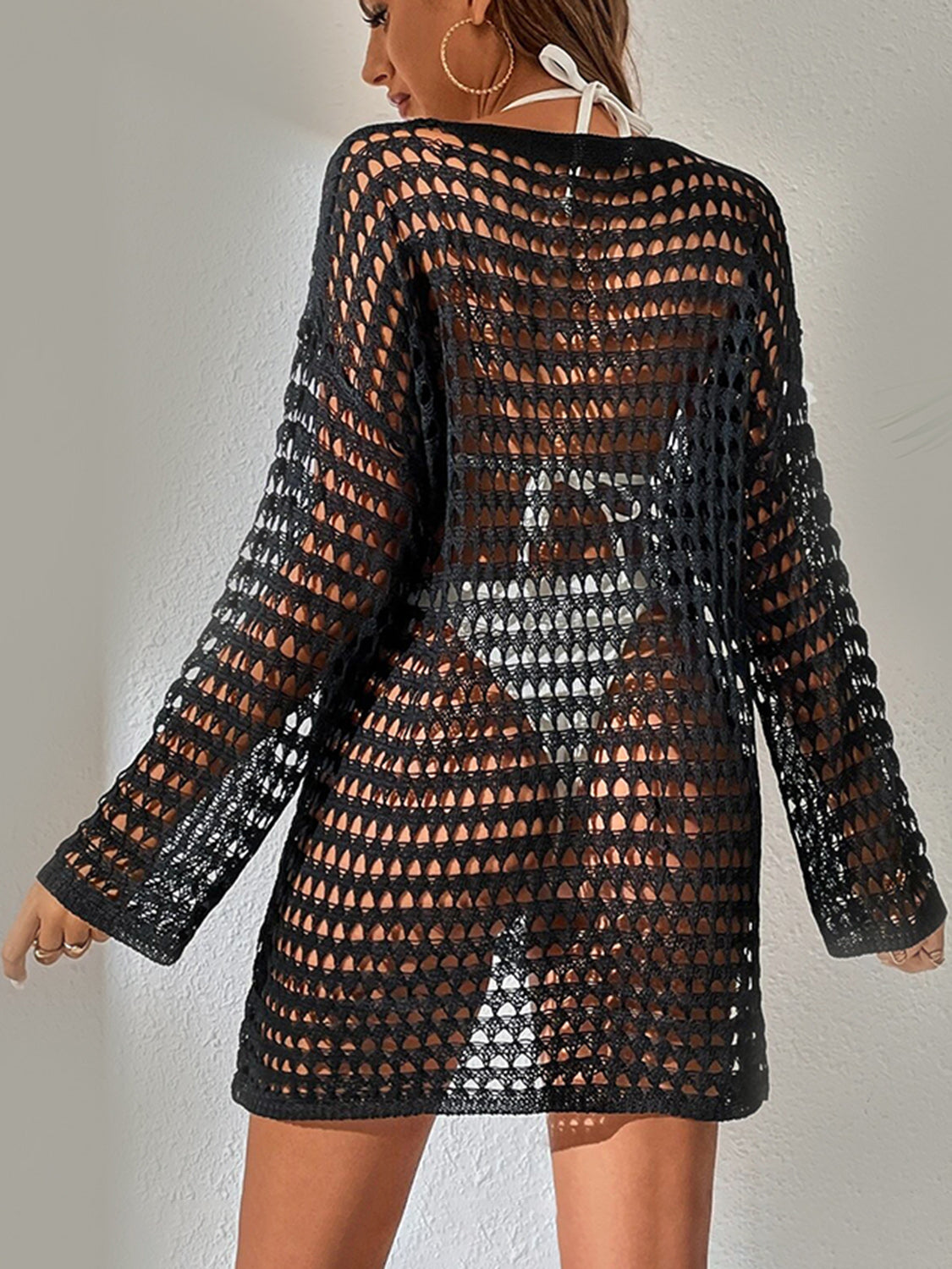 Openwork Boat Neck Long Sleeve Cover-Up - Siennasass