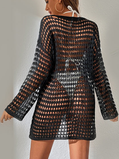 Openwork Boat Neck Long Sleeve Cover-Up - Siennasass