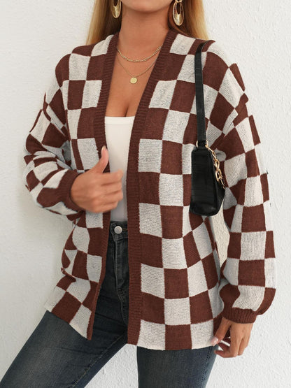 Checkered Open Front Long Sleeve Cardigan - Siennasass