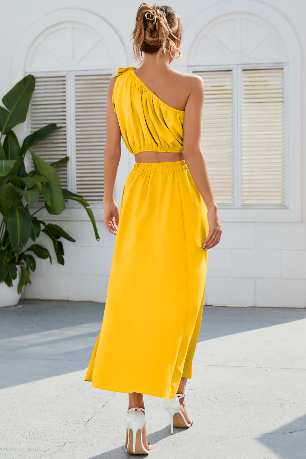 Ruched One Shoulder Top and Slit Skirt Set - Siennasass