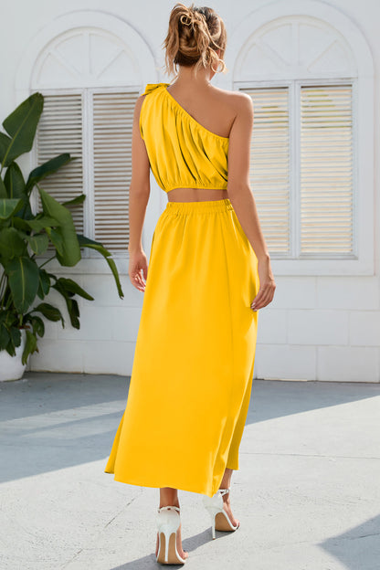 Ruched One Shoulder Top and Slit Skirt Set - Siennasass