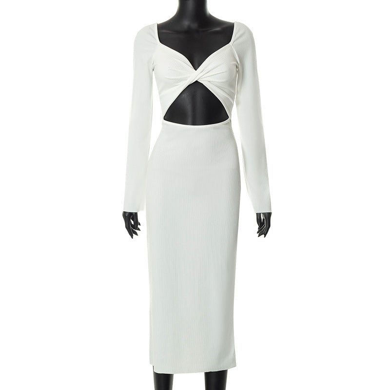 Einfarbiges, langärmliges, elegantes, schmal geschnittenes, hohles, rückenfreies Zwei-Wege-Kleid