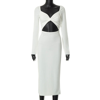 Einfarbiges, langärmliges, elegantes, schmal geschnittenes, hohles, rückenfreies Zwei-Wege-Kleid