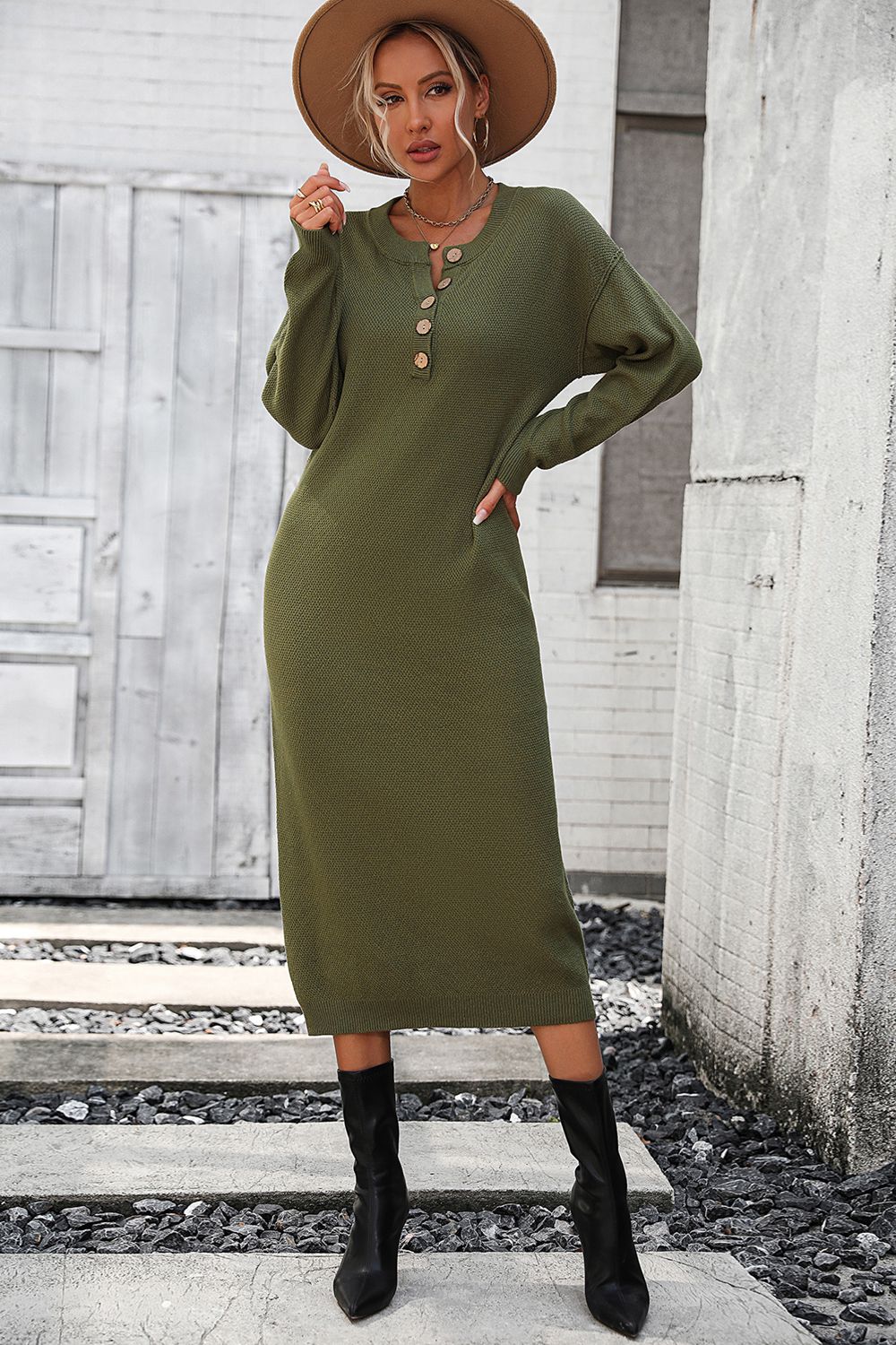 Decorative Button Notched Dropped Shoulder Sweater Dress - Siennasass